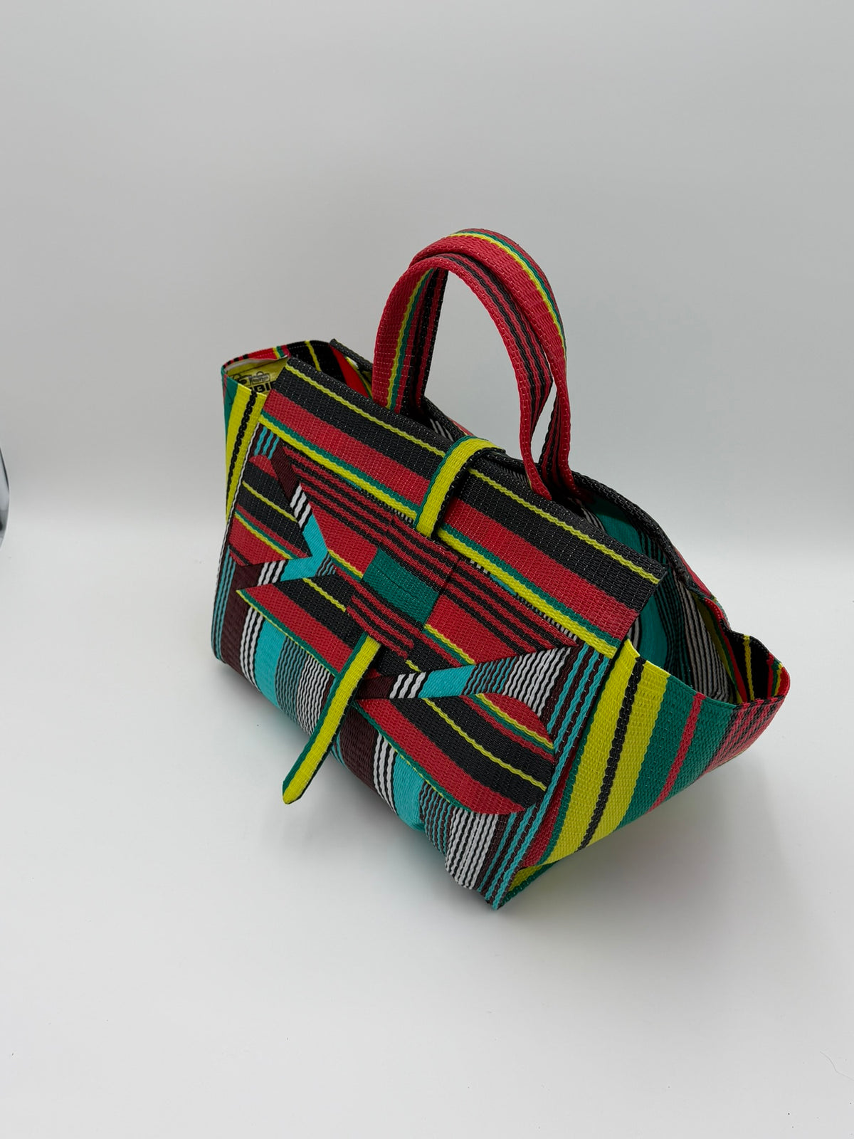 Africana Large handwoven tote bag by SCRUBIES in Red,Black,Blue,White,Yellow,Teal with Stripes design and Abstract accent pattern