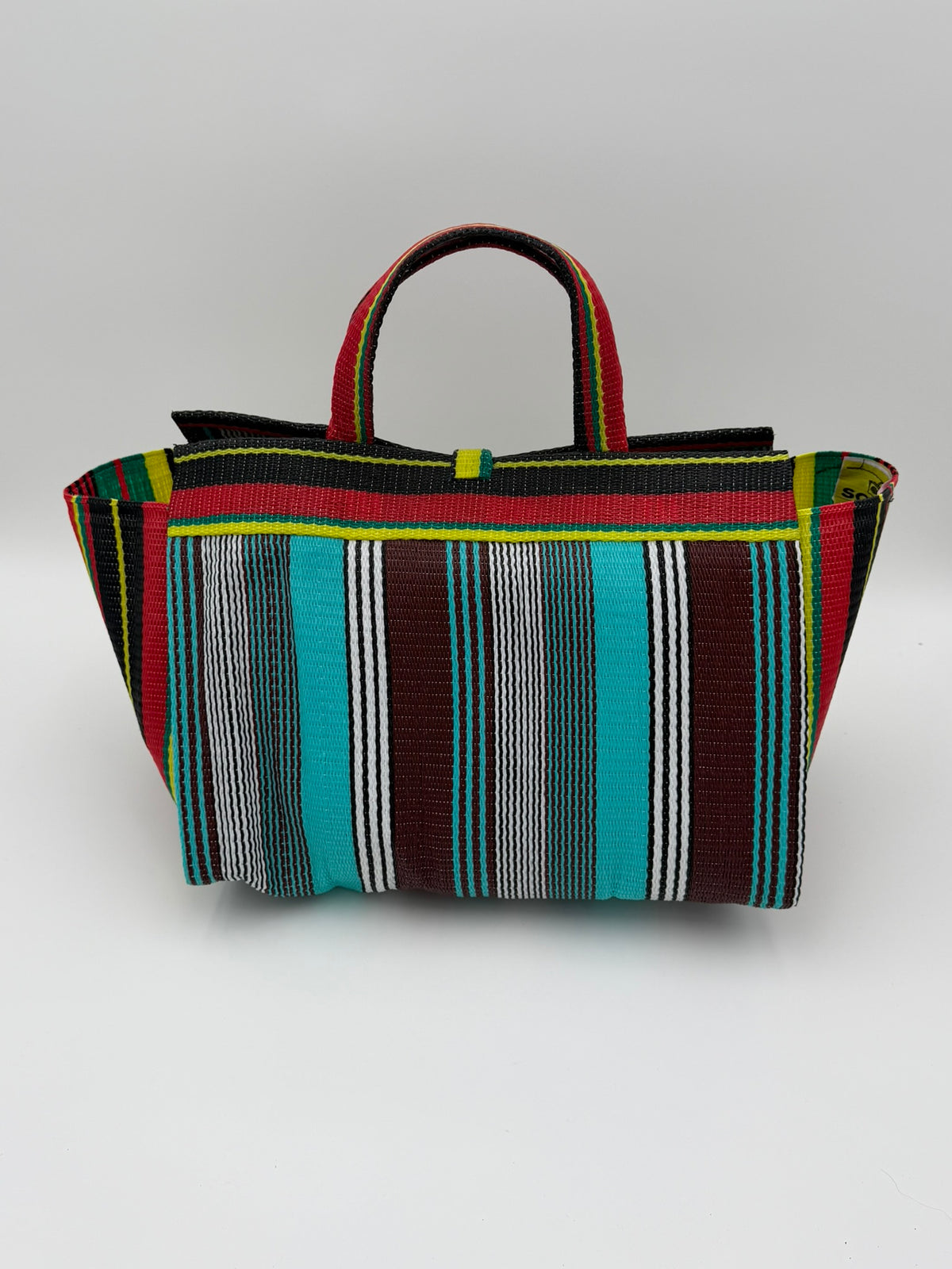 Africana Large handwoven tote bag by SCRUBIES in Red,Black,Blue,White,Yellow,Teal with Stripes design and Abstract accent pattern