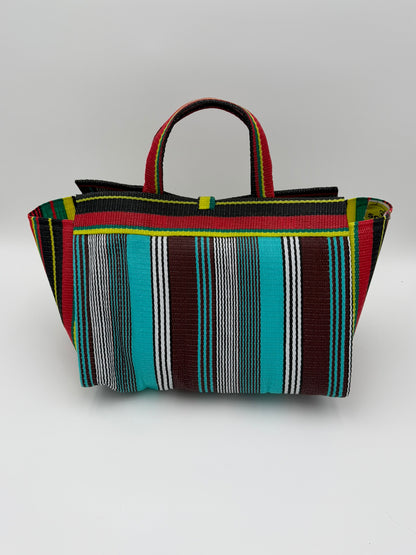 Africana Large handwoven tote bag by SCRUBIES in Red,Black,Blue,White,Yellow,Teal with Stripes design and Abstract accent pattern