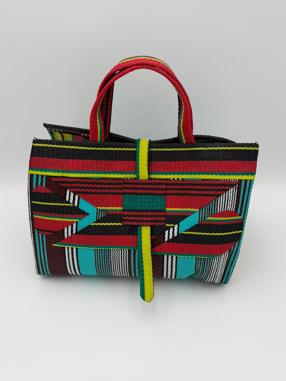 Africana Large handwoven tote bag by SCRUBIES in Red,Black,Blue,White,Yellow,Teal with Stripes design and Abstract accent pattern
