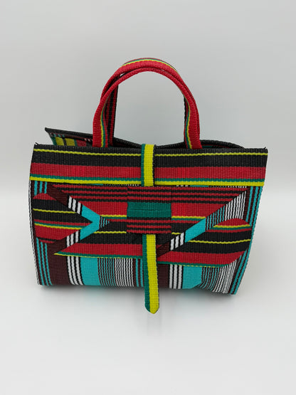 Africana Large handwoven tote bag by SCRUBIES in Red,Black,Blue,White,Yellow,Teal with Stripes design and Abstract accent pattern