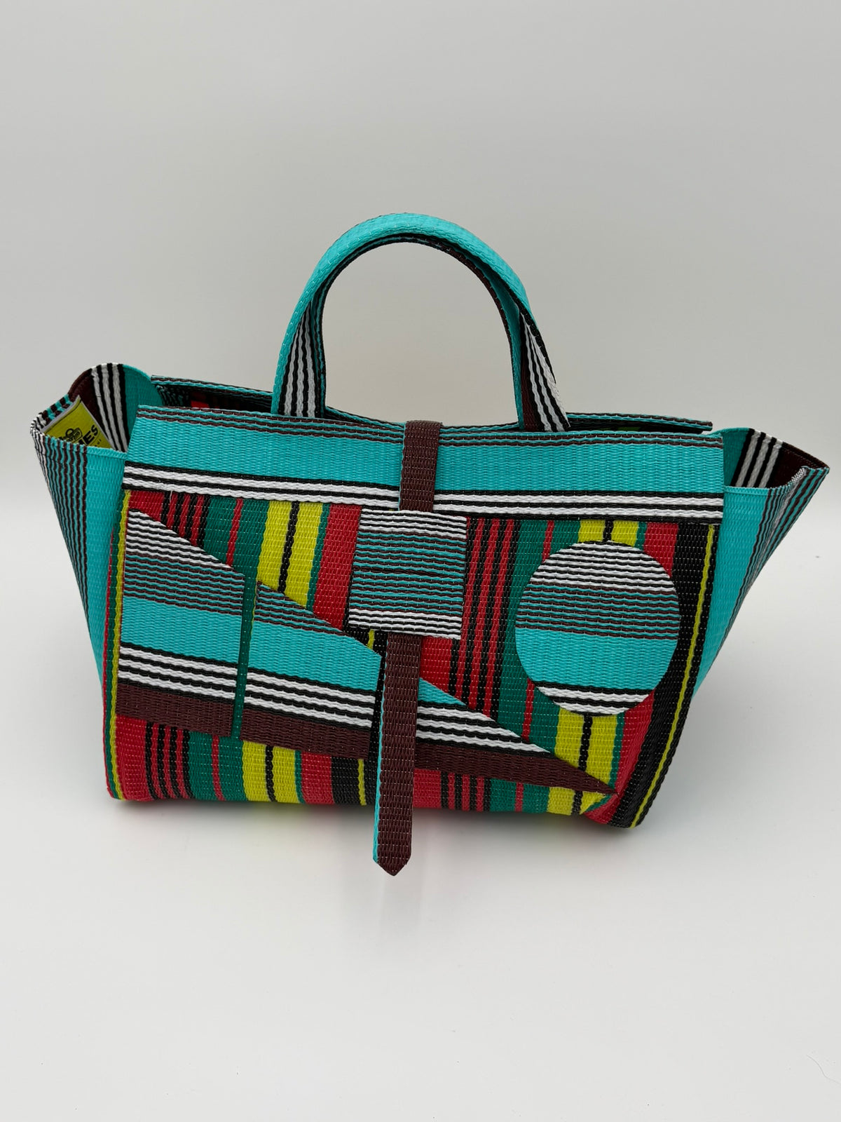 Africana Large handwoven tote bag by SCRUBIES in Red,Black,Blue,White,Yellow,Teal with Stripes design and Abstract accent pattern