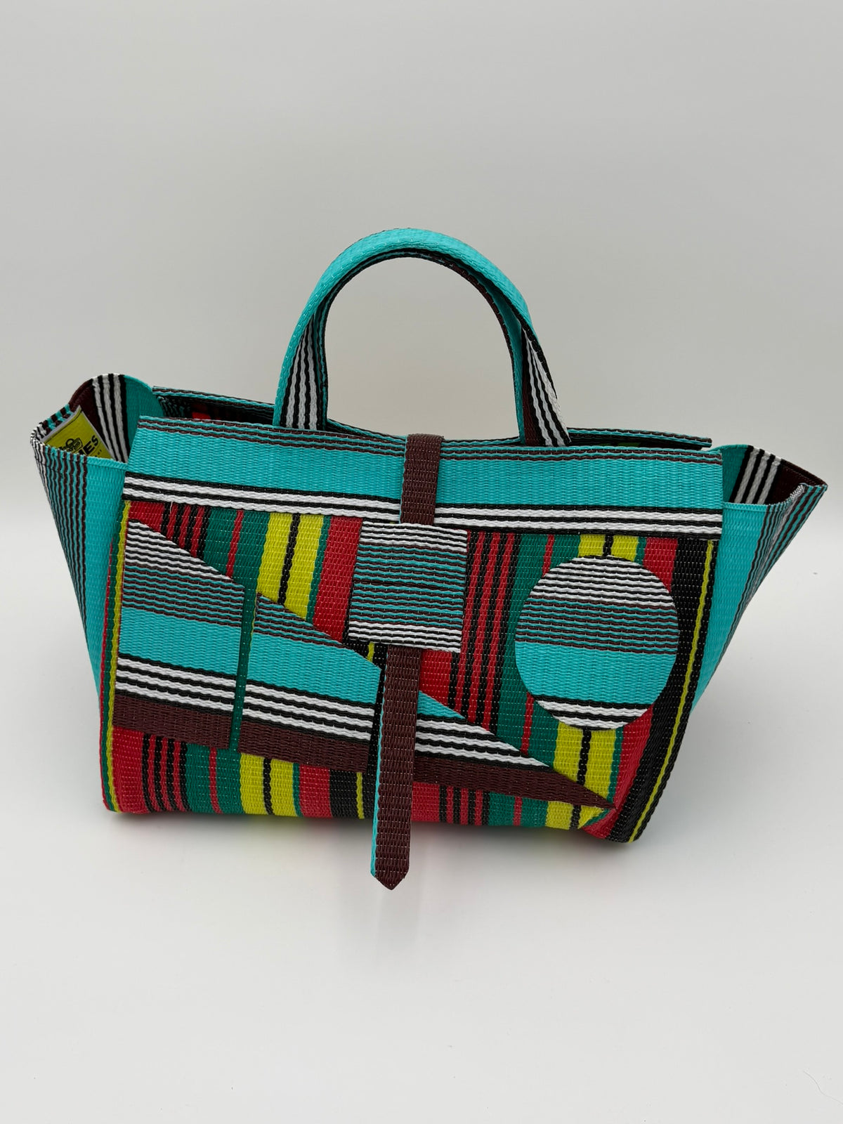 Africana Large handwoven tote bag by SCRUBIES in Red,Black,Blue,White,Yellow,Teal with Stripes design and Abstract accent pattern