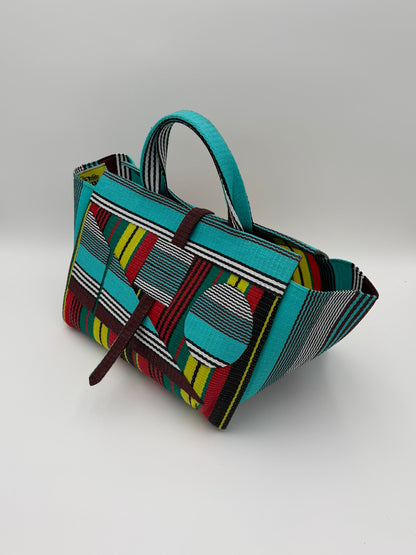 Africana Large handwoven tote bag by SCRUBIES in Red,Black,Blue,White,Yellow,Teal with Stripes design and Abstract accent pattern