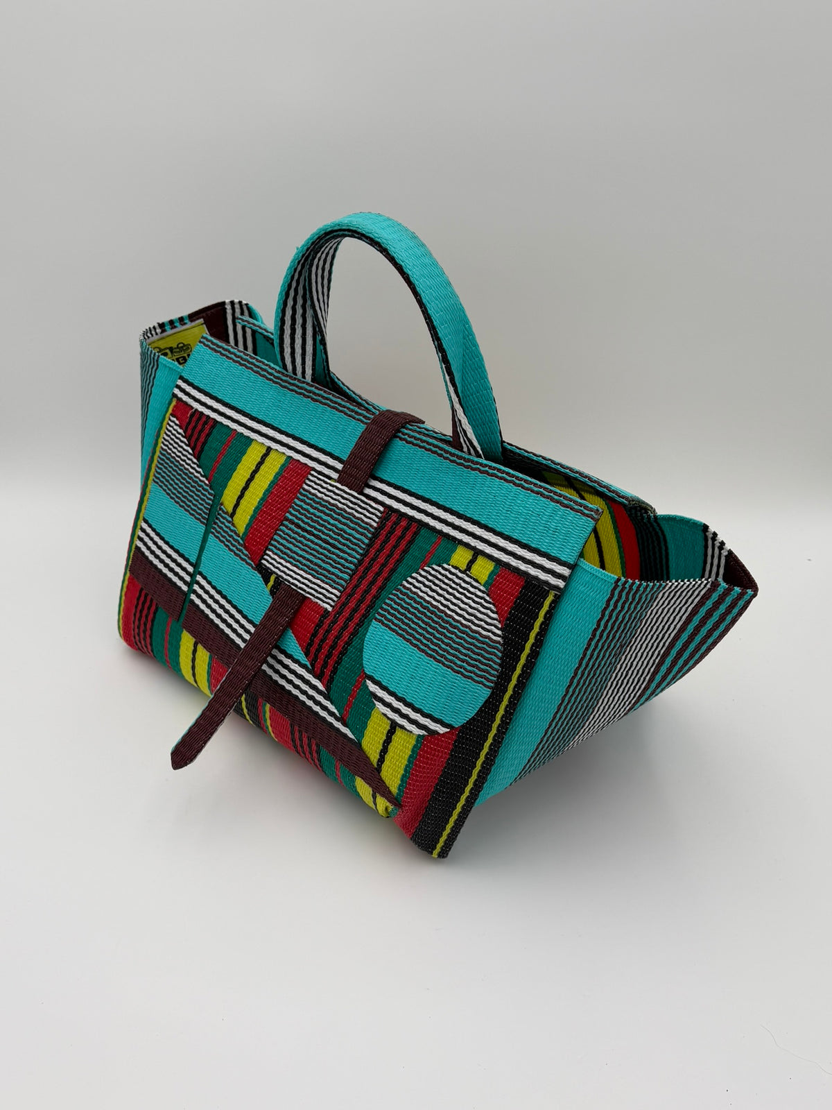 Africana Large handwoven tote bag by SCRUBIES in Red,Black,Blue,White,Yellow,Teal with Stripes design and Abstract accent pattern