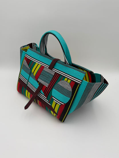Africana Large handwoven tote bag by SCRUBIES in Red,Black,Blue,White,Yellow,Teal with Stripes design and Abstract accent pattern