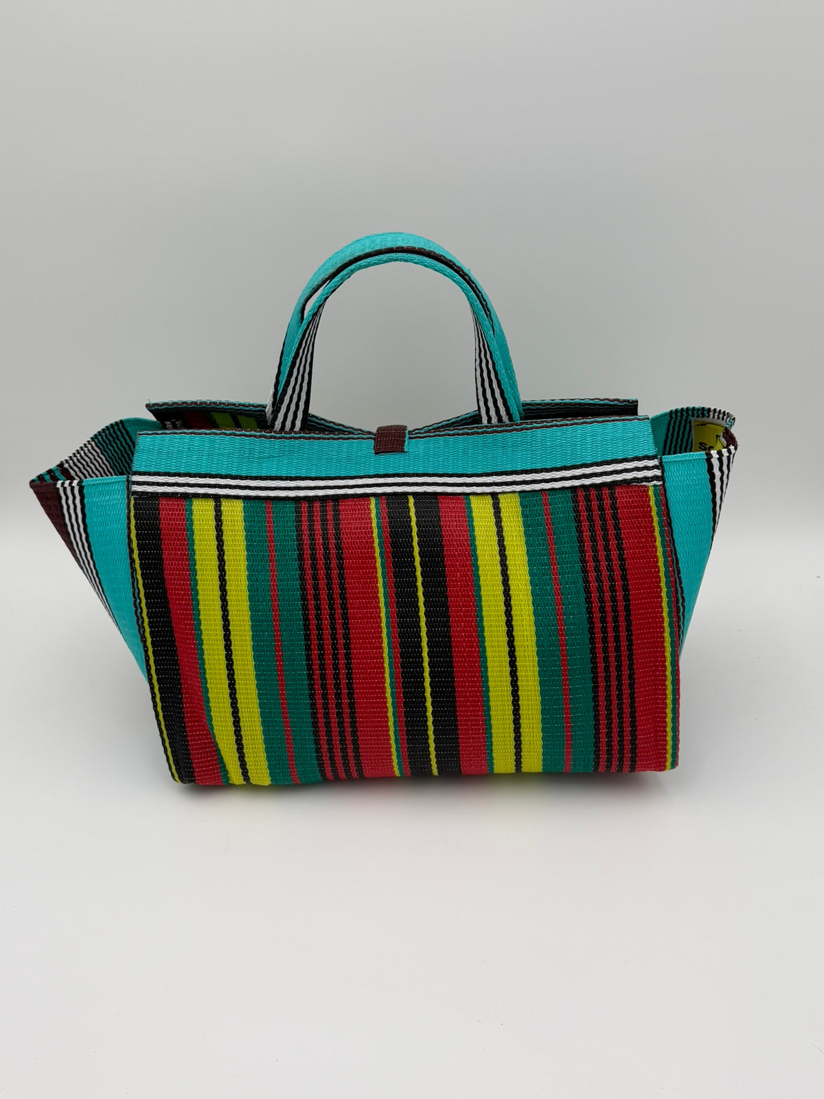 Africana Large handwoven tote bag by SCRUBIES in Red,Black,Blue,White,Yellow,Teal with Stripes design and Abstract accent pattern