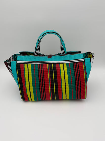 Africana Large handwoven tote bag by SCRUBIES in Red,Black,Blue,White,Yellow,Teal with Stripes design and Abstract accent pattern
