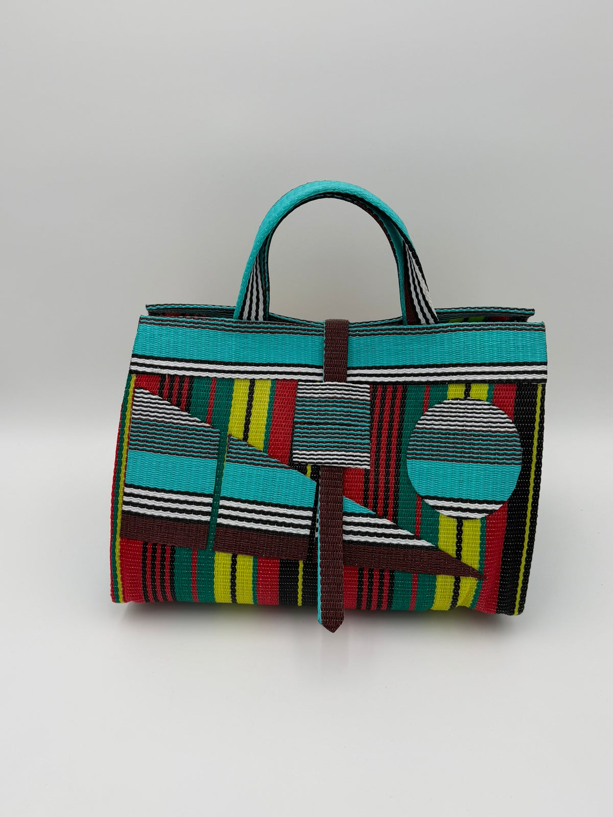Africana Large handwoven tote bag by SCRUBIES in Red,Black,Blue,White,Yellow,Teal with Stripes design and Abstract accent pattern