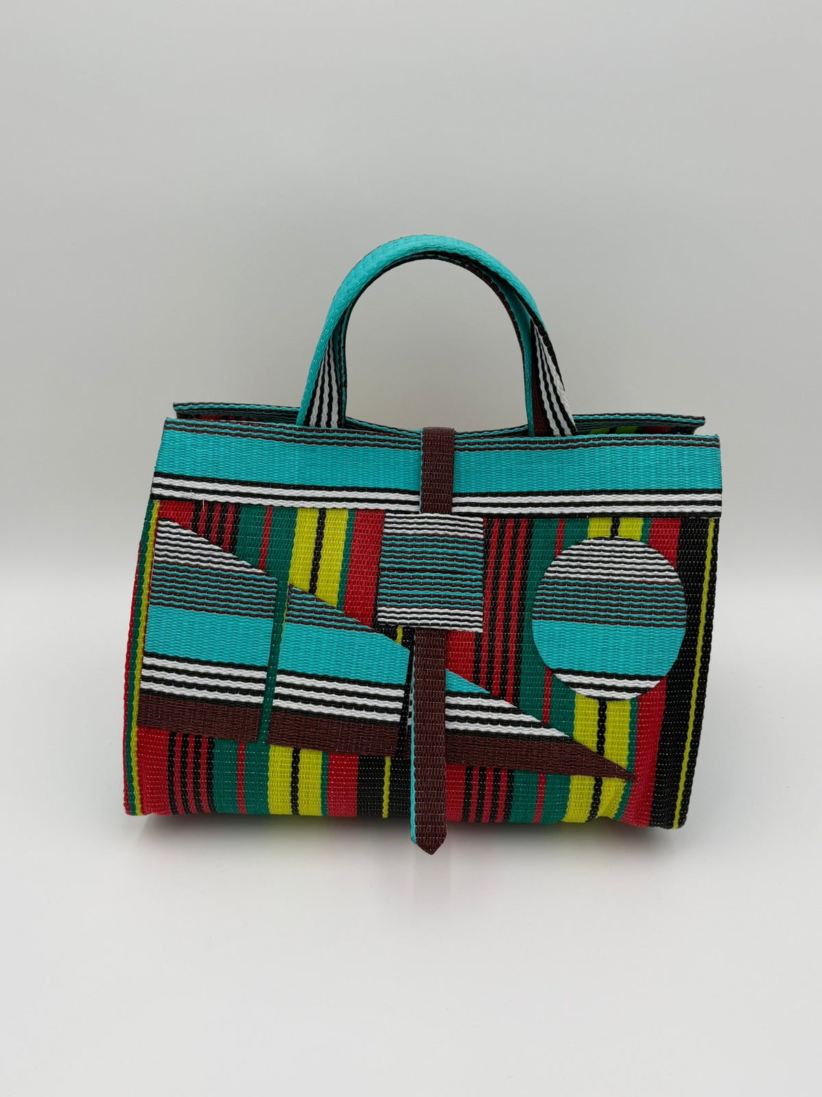 Africana Large handwoven tote bag by SCRUBIES in Red,Black,Blue,White,Yellow,Teal with Stripes design and Abstract accent pattern