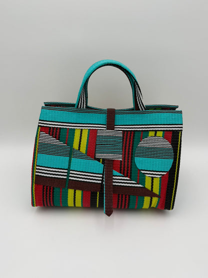 Africana Large handwoven tote bag by SCRUBIES in Red,Black,Blue,White,Yellow,Teal with Stripes design and Abstract accent pattern