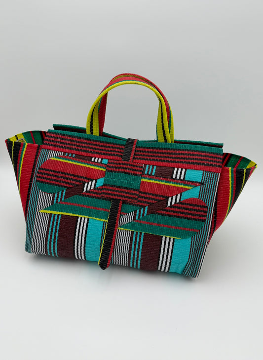 Africana Large handwoven tote bag by SCRUBIES in Red,Black,Blue,White,Yellow,Teal with Stripes design and Abstract accent pattern