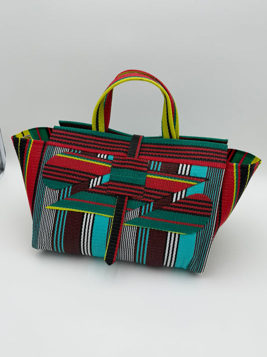 Africana Large handwoven tote bag by SCRUBIES in Red,Black,Blue,White,Yellow,Teal with Stripes design and Abstract accent pattern