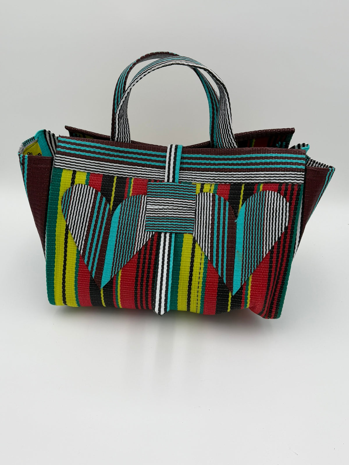Africana Large handwoven tote bag by SCRUBIES in Red,Black,Blue,White,Yellow,Teal with Stripes design and Love accent pattern