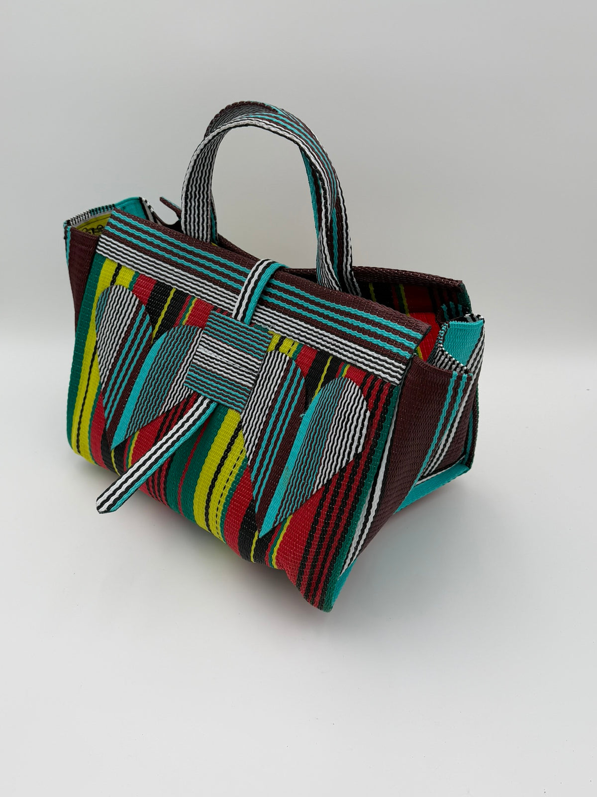 Africana Large handwoven tote bag by SCRUBIES in Red,Black,Blue,White,Yellow,Teal with Stripes design and Love accent pattern