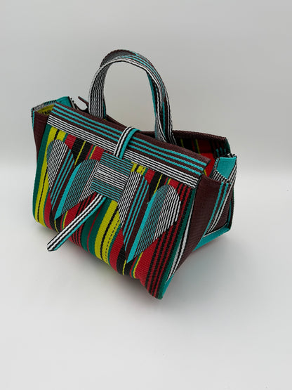 Africana Large handwoven tote bag by SCRUBIES in Red,Black,Blue,White,Yellow,Teal with Stripes design and Love accent pattern
