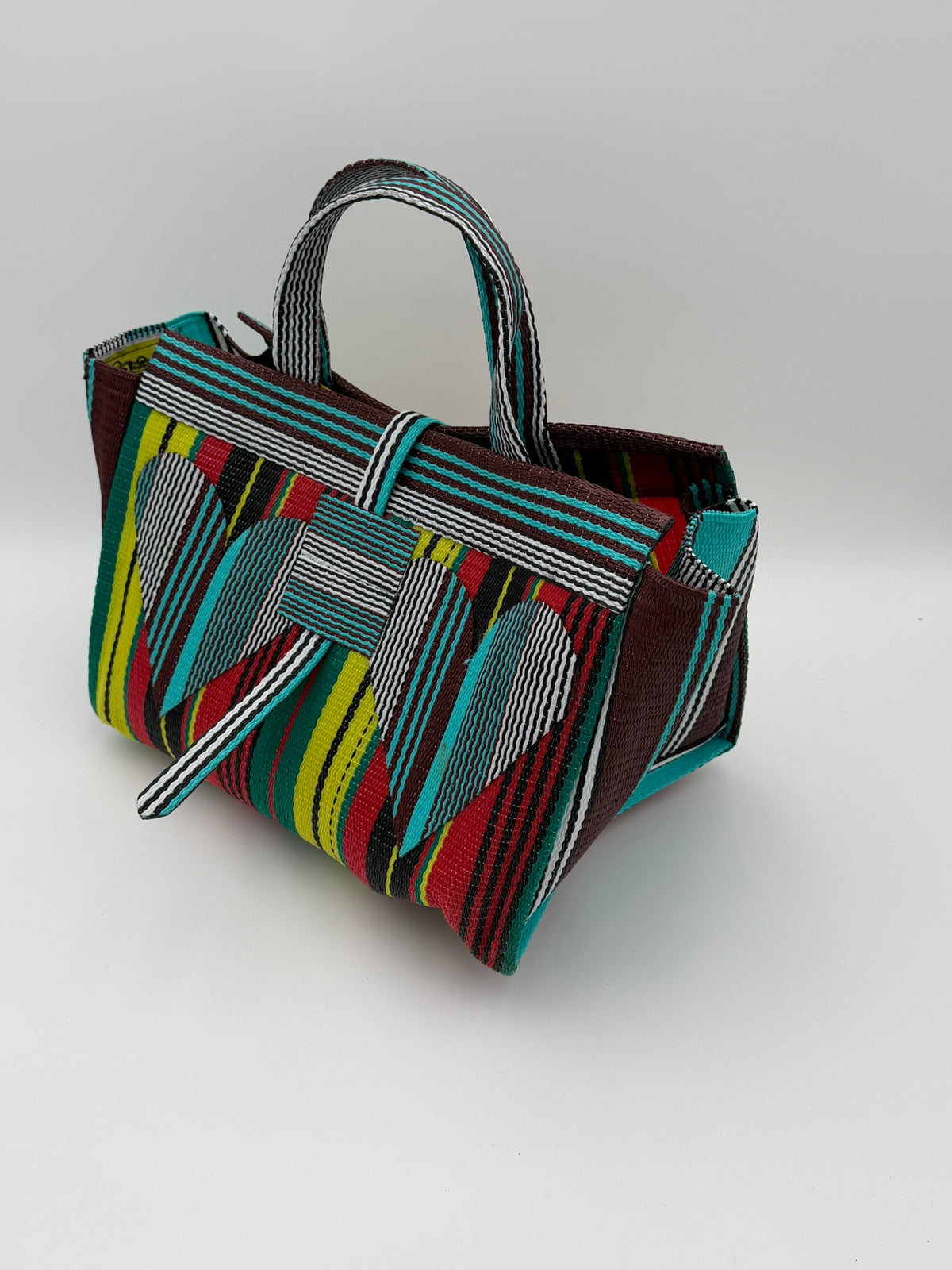 Africana Large handwoven tote bag by SCRUBIES in Red,Black,Blue,White,Yellow,Teal with Stripes design and Love accent pattern