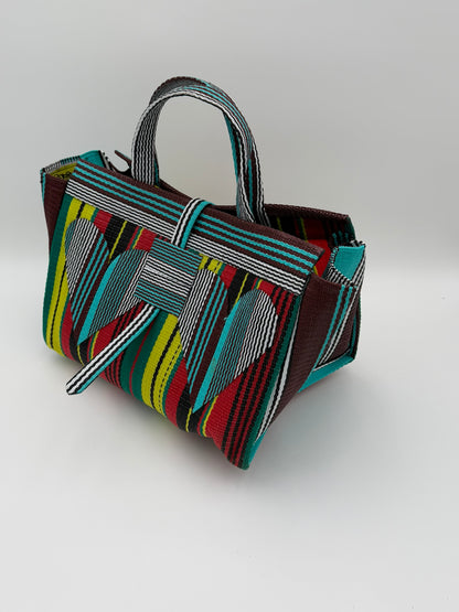 Africana Large handwoven tote bag by SCRUBIES in Red,Black,Blue,White,Yellow,Teal with Stripes design and Love accent pattern