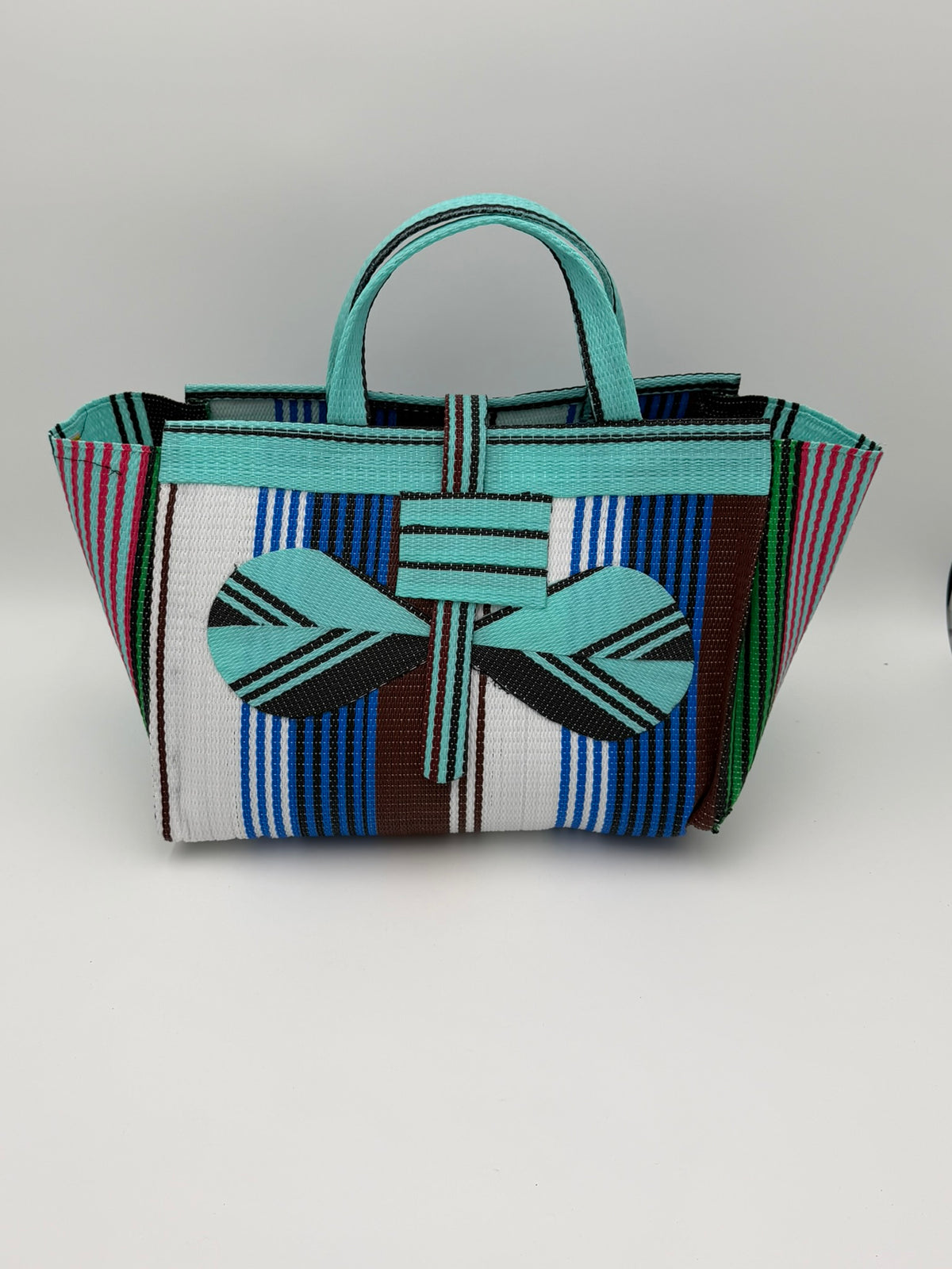 Pearl Large handwoven tote bag by SCRUBIES in Teal,White,Blue,Brown with Stripes design and Bow accent pattern
