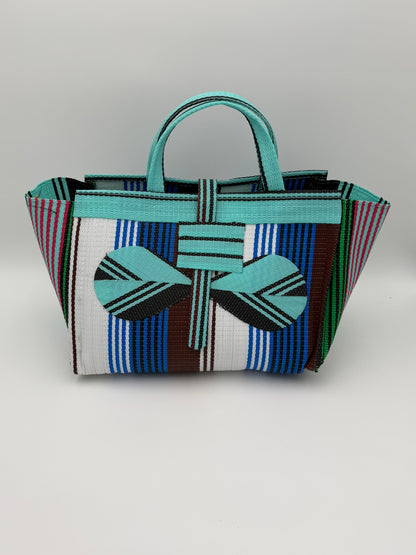 Pearl Large handwoven tote bag by SCRUBIES in Teal,White,Blue,Brown with Stripes design and Bow accent pattern