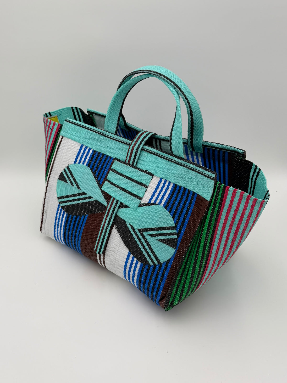 Pearl Large handwoven tote bag by SCRUBIES in Teal,White,Blue,Brown with Stripes design and Bow accent pattern