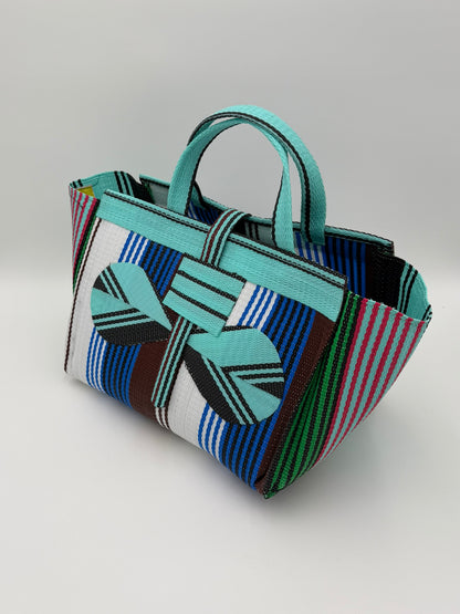 Pearl Large handwoven tote bag by SCRUBIES in Teal,White,Blue,Brown with Stripes design and Bow accent pattern