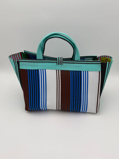 Pearl Large handwoven tote bag by SCRUBIES in Teal,White,Blue,Brown with Stripes design and Bow accent pattern