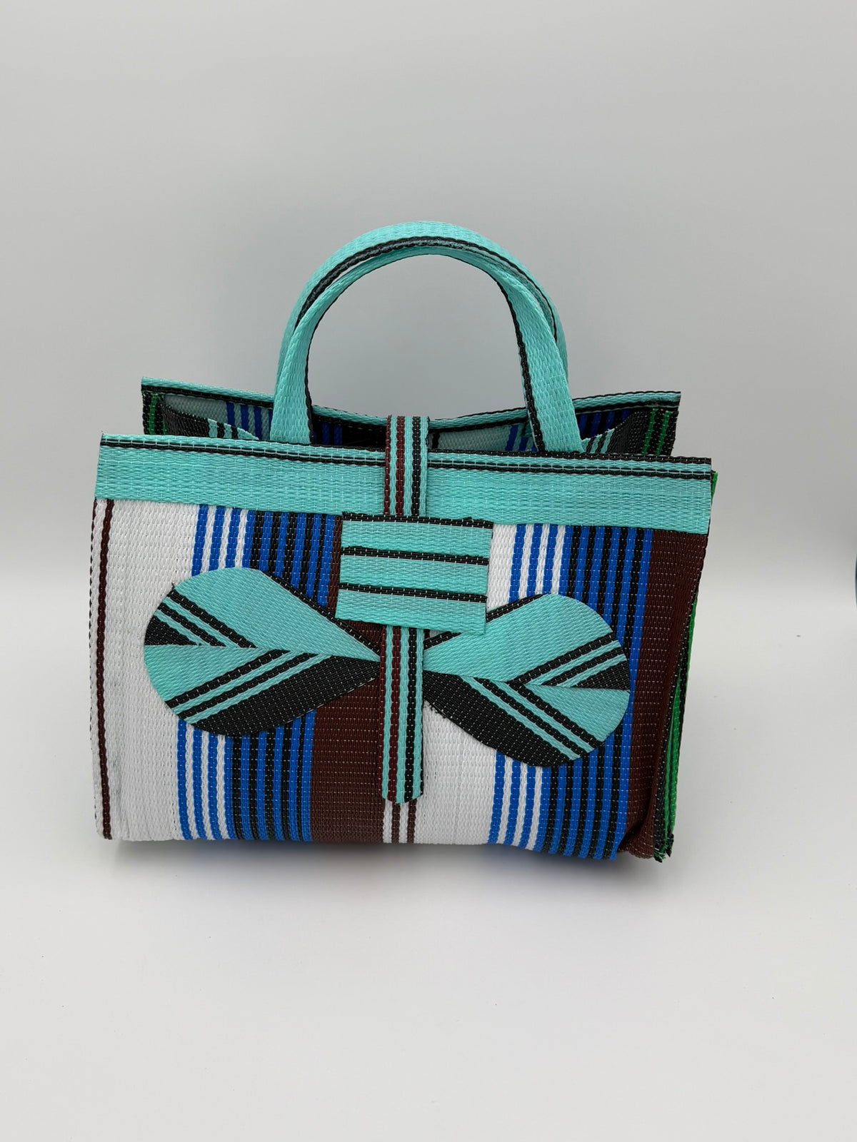 Pearl Large handwoven tote bag by SCRUBIES in Teal,White,Blue,Brown with Stripes design and Bow accent pattern