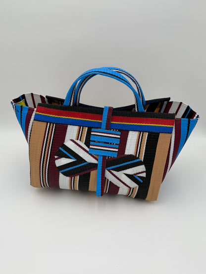 Pearl Large handwoven tote bag by SCRUBIES in Teal,White,Blue,Brown with Stripes design and Bow accent pattern