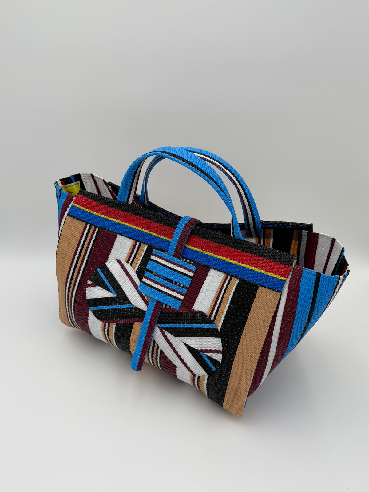 Pearl Large handwoven tote bag by SCRUBIES in Teal,White,Blue,Brown with Stripes design and Bow accent pattern
