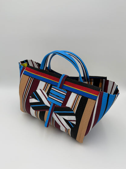 Pearl Large handwoven tote bag by SCRUBIES in Teal,White,Blue,Brown with Stripes design and Bow accent pattern
