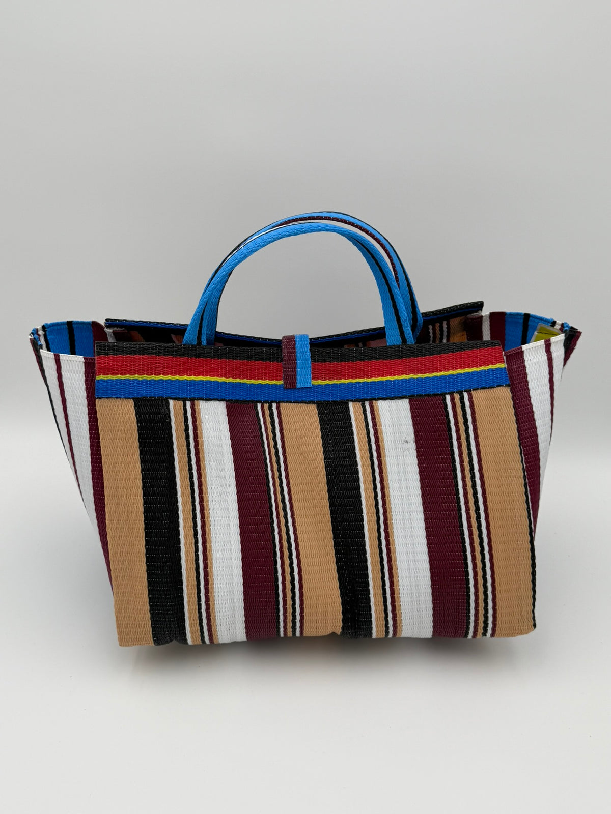 Pearl Large handwoven tote bag by SCRUBIES in Teal,White,Blue,Brown with Stripes design and Bow accent pattern