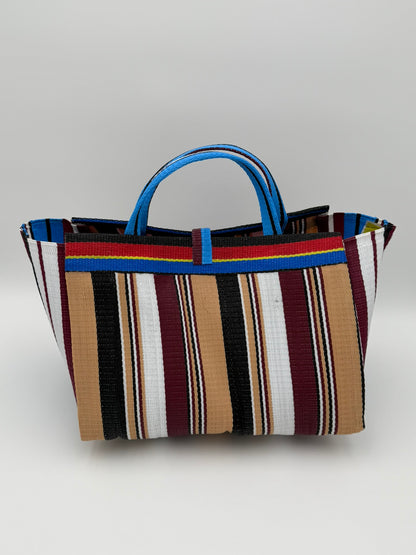 Pearl Large handwoven tote bag by SCRUBIES in Teal,White,Blue,Brown with Stripes design and Bow accent pattern