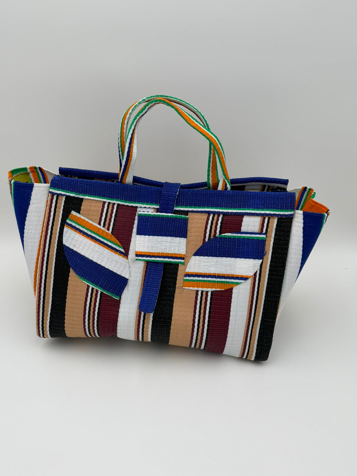 Woodland Large handwoven tote bag by SCRUBIES in Beige,White,Blue,Wine,Black with Stripes design and Leaf accent pattern