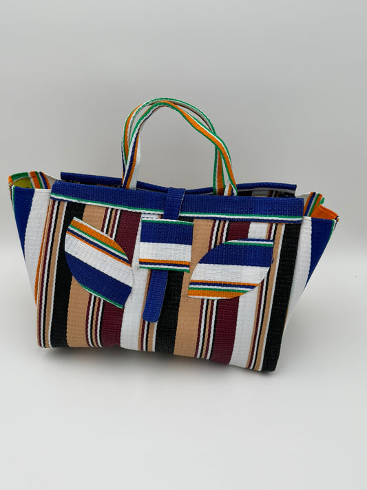 Woodland Large handwoven tote bag by SCRUBIES in Beige,White,Blue,Wine,Black with Stripes design and Leaf accent pattern