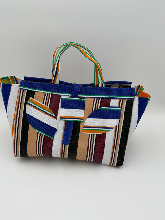 Woodland Large handwoven tote bag by SCRUBIES in Beige,White,Blue,Wine,Black with Stripes design and Leaf accent pattern