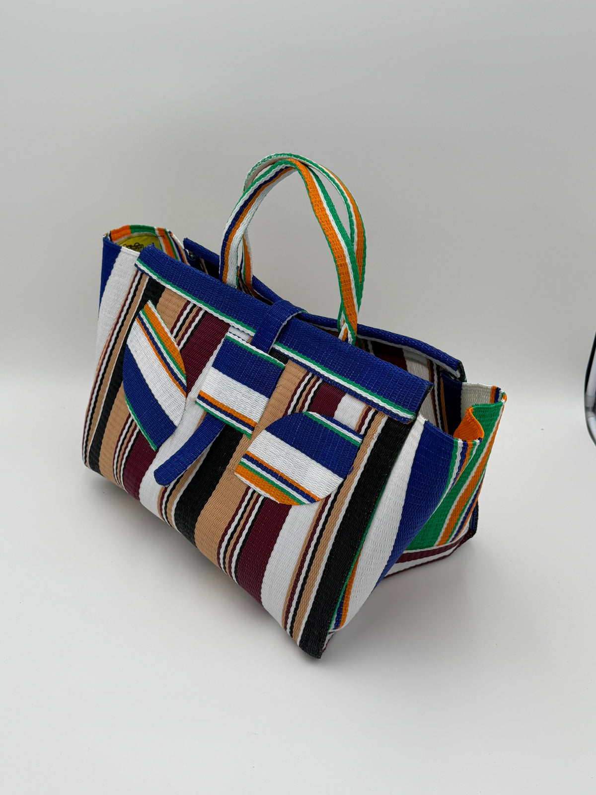 Woodland Large handwoven tote bag by SCRUBIES in Beige,White,Blue,Wine,Black with Stripes design and Leaf accent pattern