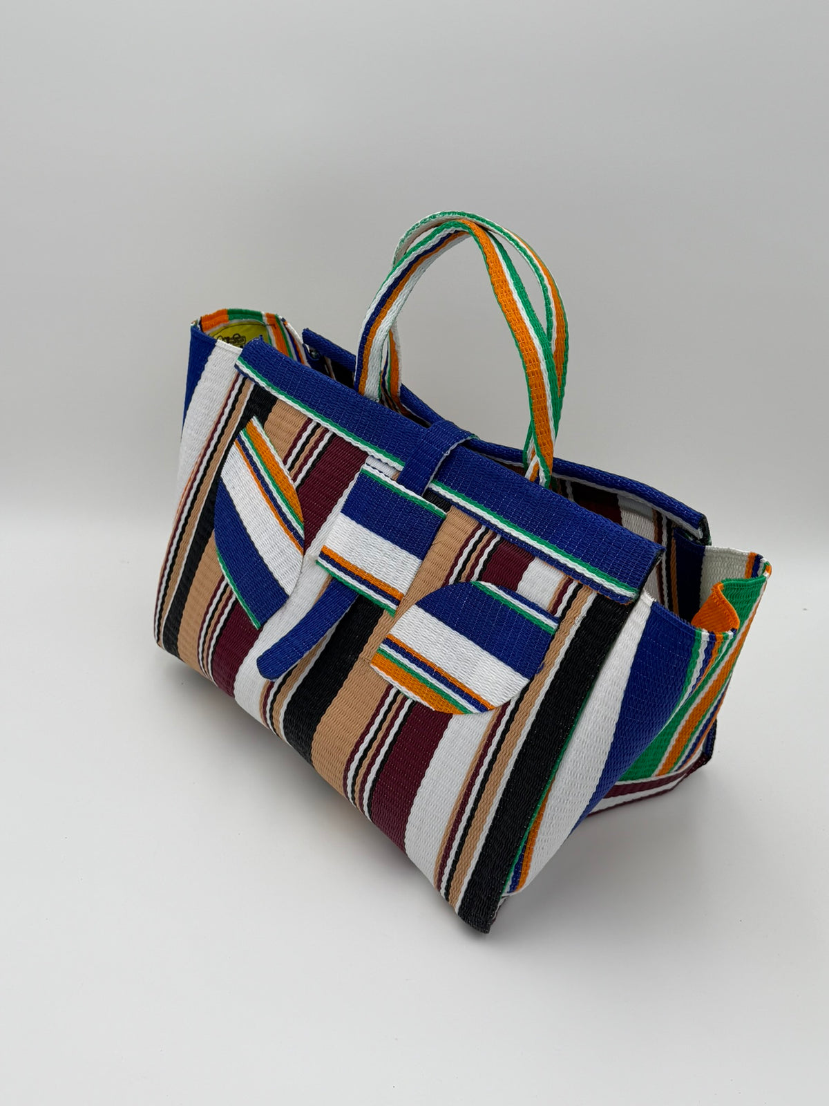 Woodland Large handwoven tote bag by SCRUBIES in Beige,White,Blue,Wine,Black with Stripes design and Leaf accent pattern