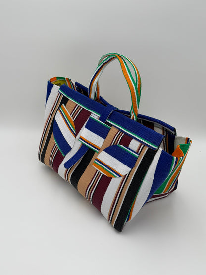 Woodland Large handwoven tote bag by SCRUBIES in Beige,White,Blue,Wine,Black with Stripes design and Leaf accent pattern