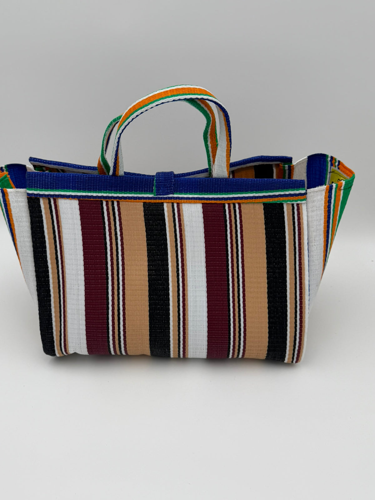 Woodland Large handwoven tote bag by SCRUBIES in Beige,White,Blue,Wine,Black with Stripes design and Leaf accent pattern
