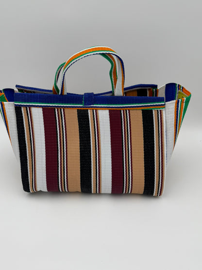 Woodland Large handwoven tote bag by SCRUBIES in Beige,White,Blue,Wine,Black with Stripes design and Leaf accent pattern
