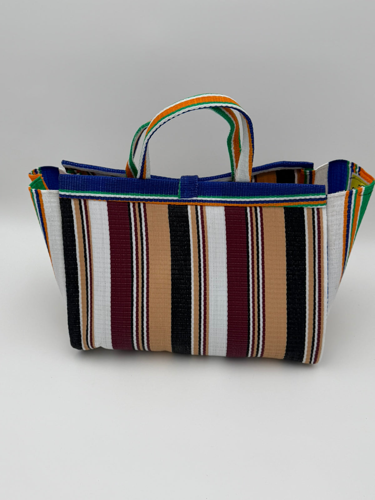Woodland Large handwoven tote bag by SCRUBIES in Beige,White,Blue,Wine,Black with Stripes design and Leaf accent pattern