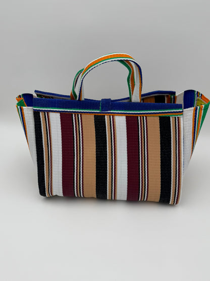 Woodland Large handwoven tote bag by SCRUBIES in Beige,White,Blue,Wine,Black with Stripes design and Leaf accent pattern