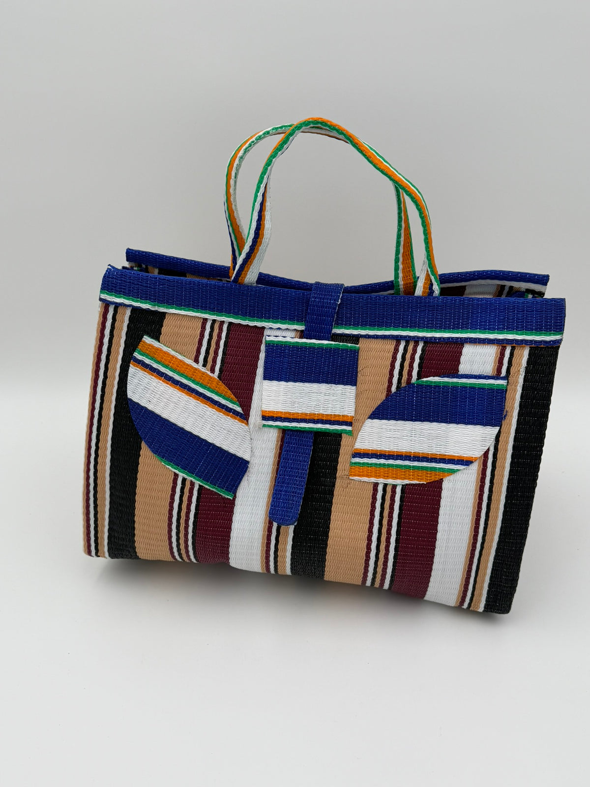 Woodland Large handwoven tote bag by SCRUBIES in Beige,White,Blue,Wine,Black with Stripes design and Leaf accent pattern