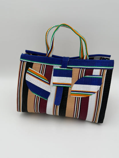 Woodland Large handwoven tote bag by SCRUBIES in Beige,White,Blue,Wine,Black with Stripes design and Leaf accent pattern