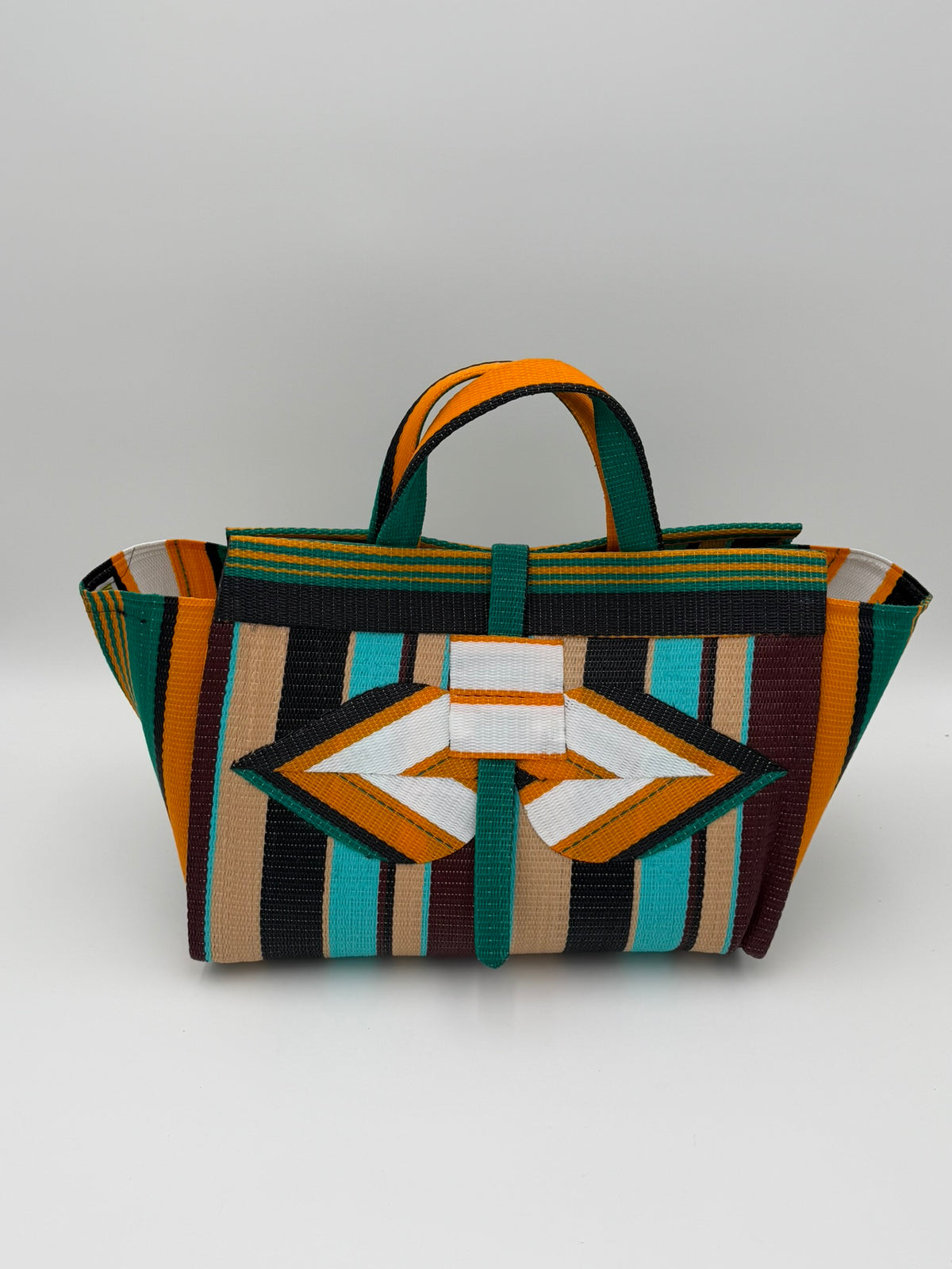 Woodland Large handwoven tote bag by SCRUBIES in Beige,White,Blue,Wine,Black with Stripes design and Leaf accent pattern