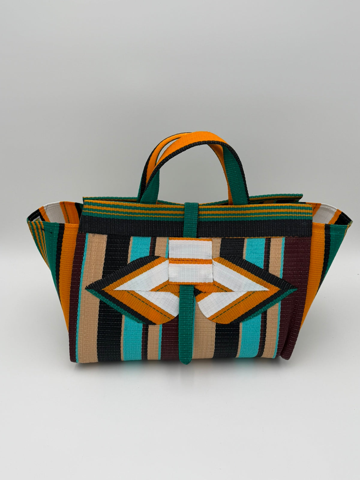 Woodland Large handwoven tote bag by SCRUBIES in Beige,White,Blue,Wine,Black with Stripes design and Leaf accent pattern