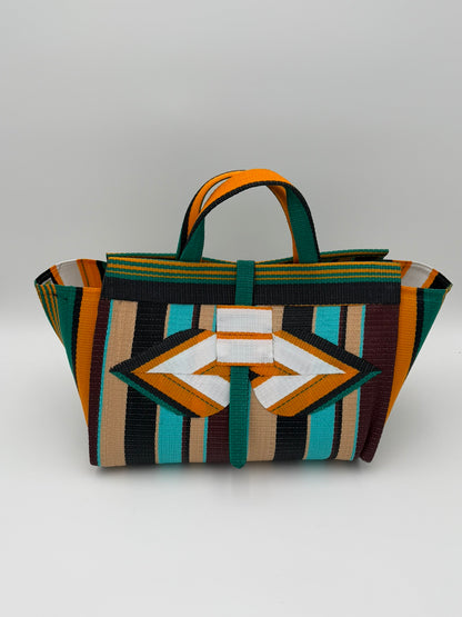 Woodland Large handwoven tote bag by SCRUBIES in Beige,White,Blue,Wine,Black with Stripes design and Leaf accent pattern