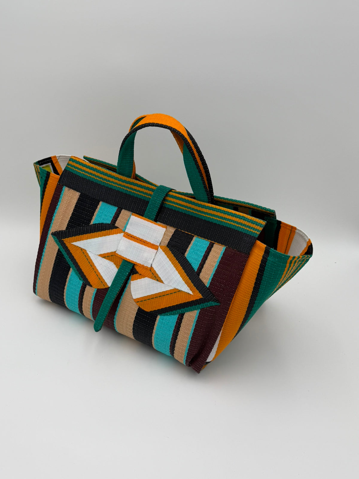 Woodland Large handwoven tote bag by SCRUBIES in Beige,White,Blue,Wine,Black with Stripes design and Leaf accent pattern