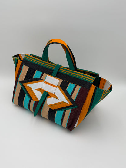 Woodland Large handwoven tote bag by SCRUBIES in Beige,White,Blue,Wine,Black with Stripes design and Leaf accent pattern